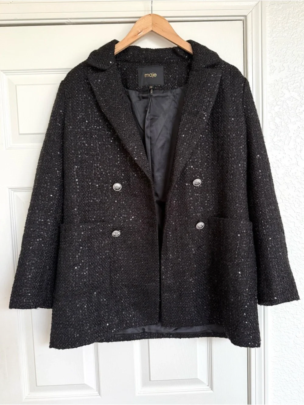 Maje Venatelli Blazer Black Sequined Tweed Double-Breasted Size Large (40) - Picture 3 of 8